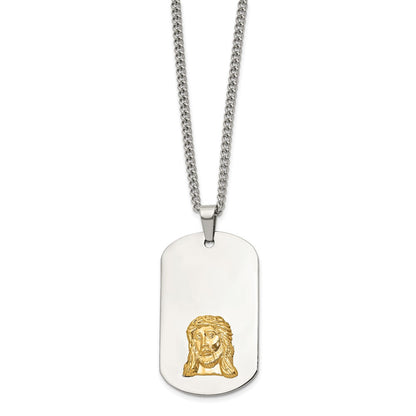 Chisel Stainless Steel Polished with 10K Gold Accent Jesus Face Dog Tag on a 24 inch Curb Chain Necklace