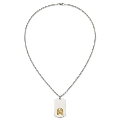 Chisel Stainless Steel Polished with 10K Gold Accent Jesus Face Dog Tag on a 24 inch Curb Chain Necklace