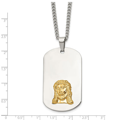 Chisel Stainless Steel Polished with 10K Gold Accent Jesus Face Dog Tag on a 24 inch Curb Chain Necklace