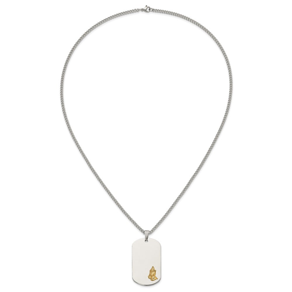 Chisel Stainless Steel Polished with 14K Gold Accent Praying Hands Dog Tag on a 24 inch Curb Chain Necklace