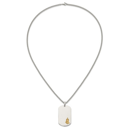 Chisel Stainless Steel Polished with 14K Gold Accent Praying Hands Dog Tag on a 24 inch Curb Chain Necklace