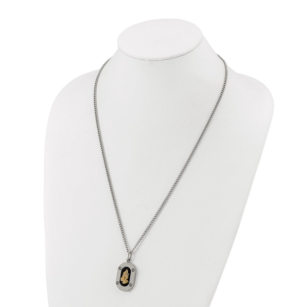 Chisel Stainless Steel Polished with 14K Gold Accent Praying Hands with Black Enamel Pendant on a 24 inch Curb Chain Necklace