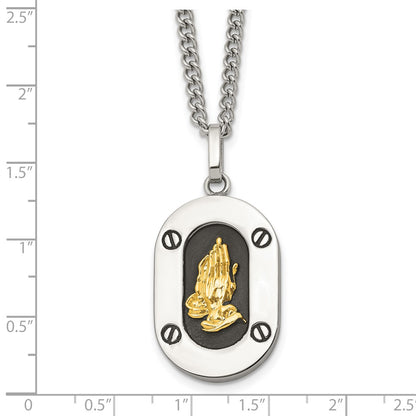 Chisel Stainless Steel Polished with 14K Gold Accent Praying Hands with Black Enamel Pendant on a 24 inch Curb Chain Necklace