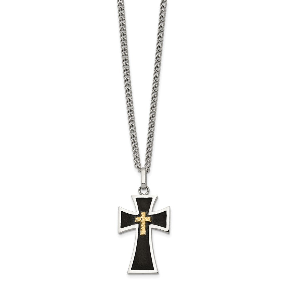 Chisel Stainless Steel Polished with Diamond-cut 14K Gold Accent  with Black Enamel Cross Pendant on a 24 inch Curb Chain Necklace