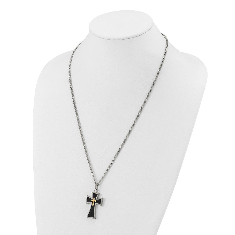 Chisel Stainless Steel Polished with Diamond-cut 14K Gold Accent  with Black Enamel Cross Pendant on a 24 inch Curb Chain Necklace