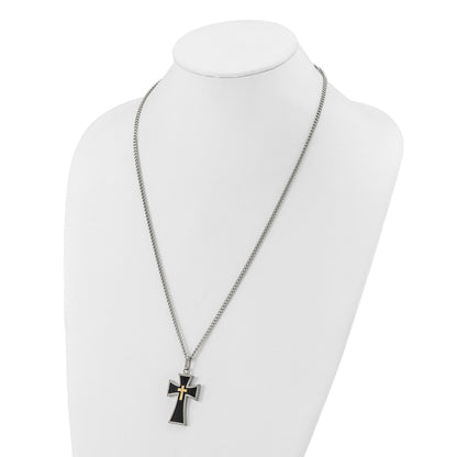 Chisel Stainless Steel Polished with Diamond-cut 14K Gold Accent  with Black Enamel Cross Pendant on a 24 inch Curb Chain Necklace
