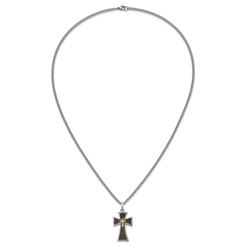 Chisel Stainless Steel Polished with Diamond-cut 14K Gold Accent  with Black Enamel Cross Pendant on a 24 inch Curb Chain Necklace