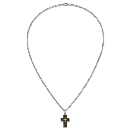 Chisel Stainless Steel Polished with 14K Gold Accent and 2pt. Diamond with Black Enamel Cross Pendant on 24 inch Curb Chain Necklace