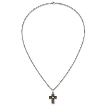 Chisel Stainless Steel Polished with Diamond-cut 14K Gold Accent with Black Enamel Cross Pendant on a 24 inch Curb Chain Necklace