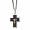 Chisel Stainless Steel Polished with 14K Gold Accent with Black Enamel Crucifix Pendant on a 24 inch Curb Chain Necklace