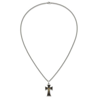 Chisel Stainless Steel Polished with 14K Gold Accent with Black Enamel Crucifix Pendant on a 24 inch Curb Chain Necklace