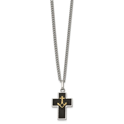 Chisel Stainless Steel Polished with Diamond-cut 14K Gold Accent with Black Enamel Cross and Anchor Pendant on a 24 inch Necklace