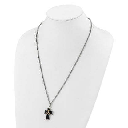 Chisel Stainless Steel Polished with Diamond-cut 14K Gold Accent with Black Enamel Cross and Anchor Pendant on a 24 inch Necklace
