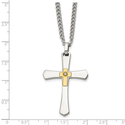 Chisel Stainless Steel Polished with 14K Gold Accent and 3pt. Diamond Cross Pendant on a 24 inch Curb Chain Necklace