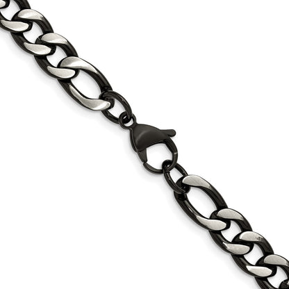 Chisel Stainless Steel Brushed and Polished Black IP-plated 7.5mm 24 inch Figaro Chain Necklace