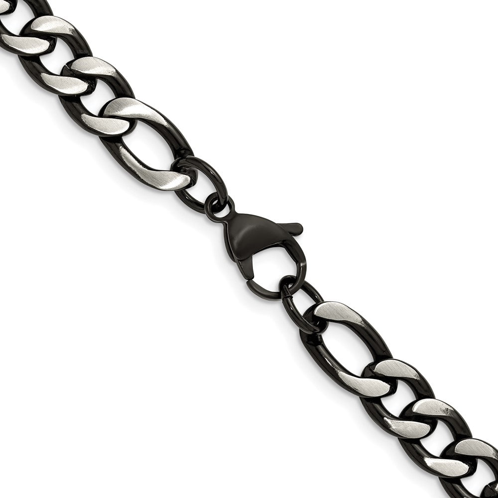 Chisel Stainless Steel Brushed and Polished Black IP-plated 7.5mm 30 inch Figaro Chain Necklace