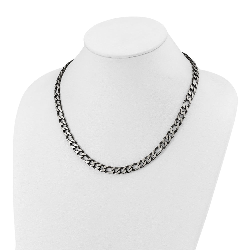 Chisel Stainless Steel Brushed and Polished Black IP-plated 7.5mm 30 inch Figaro Chain Necklace