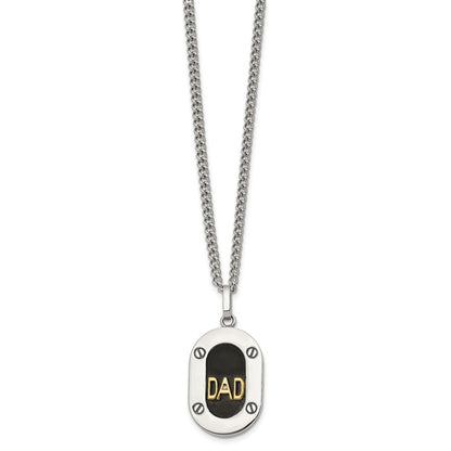 Chisel Stainless Steel Polished with 14K Gold Accent and 1pt Diamond DAD Black Enameled Pendant on a 24 inch Curb Chain Necklace