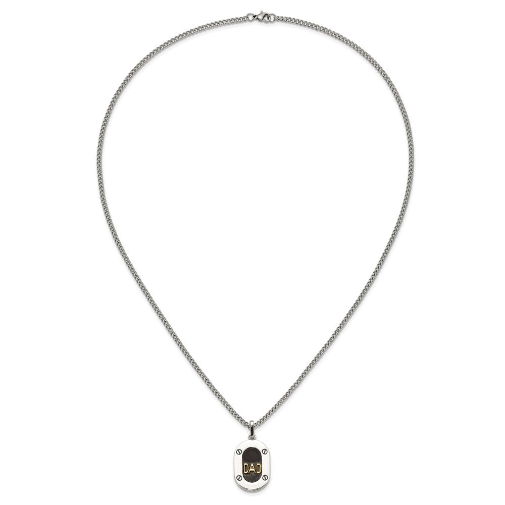Chisel Stainless Steel Polished with 14K Gold Accent and 1pt Diamond DAD Black Enameled Pendant on a 24 inch Curb Chain Necklace