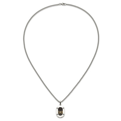 Chisel Stainless Steel Polished with 14K Gold Accent and 1pt Diamond DAD Black Enameled Pendant on a 24 inch Curb Chain Necklace