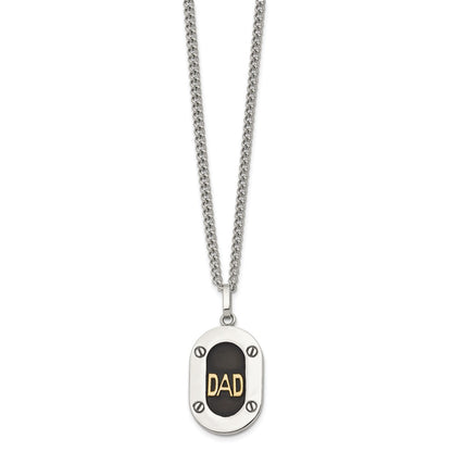 Chisel Stainless Steel Polished with 14K Gold Accent DAD with Black Enameled Pendant on a 24 inch Curb Chain Necklace
