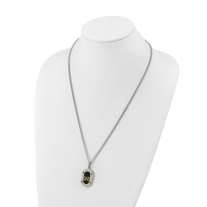 Chisel Stainless Steel Polished with 14K Gold Accent DAD with Black Enameled Pendant on a 24 inch Curb Chain Necklace