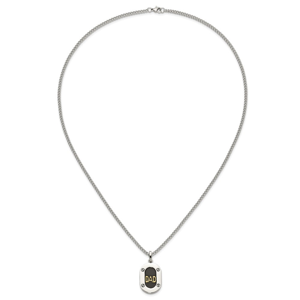 Chisel Stainless Steel Polished with 14K Gold Accent DAD with Black Enameled Pendant on a 24 inch Curb Chain Necklace