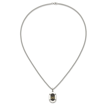 Chisel Stainless Steel Polished with 14K Gold Accent DAD with Black Enameled Pendant on a 24 inch Curb Chain Necklace