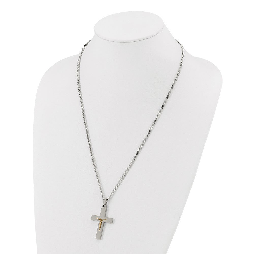 Chisel Stainless Steel Polished with 14K Gold Accent Crucifix Pendant on a 24 inch Curb Chain Necklace
