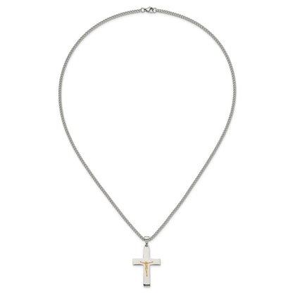 Chisel Stainless Steel Polished with 14K Gold Accent Crucifix Pendant on a 24 inch Curb Chain Necklace