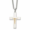 Chisel Stainless Steel Polished with 14K Gold Accent Crucifix Pendant on a 24 inch Curb Chain Necklace