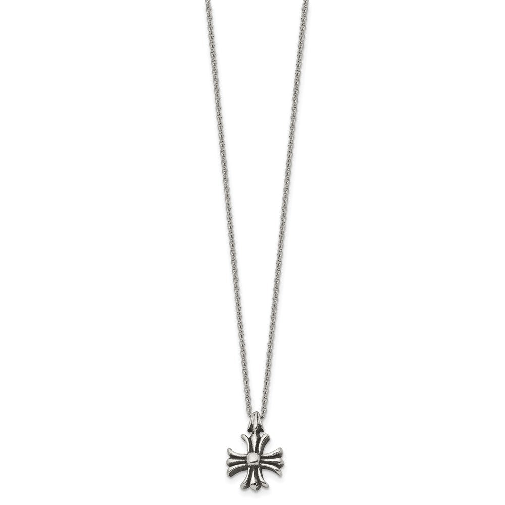 Chisel Stainless Steel Antiqued and Polished Fancy Cross Pendant on a 24.5 inch Cable Chain Necklace