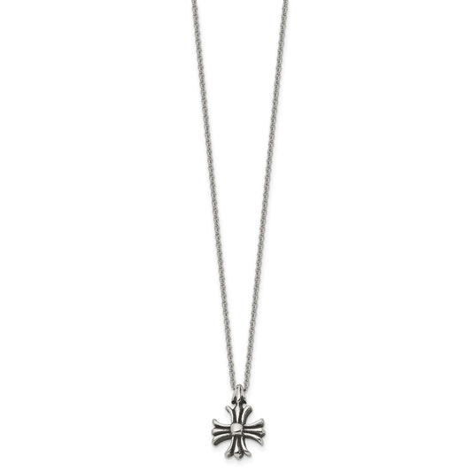 Chisel Stainless Steel Antiqued and Polished Fancy Cross Pendant on a 24.5 inch Cable Chain Necklace