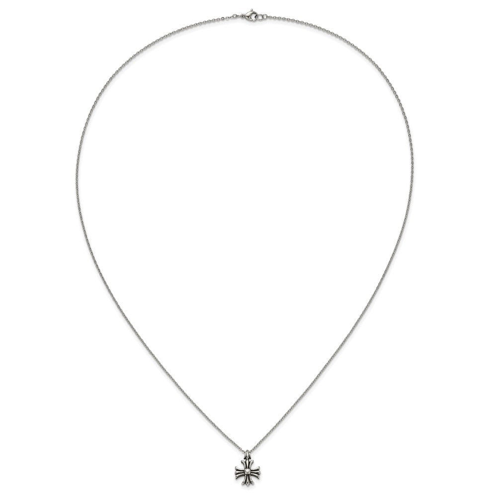 Chisel Stainless Steel Antiqued and Polished Fancy Cross Pendant on a 24.5 inch Cable Chain Necklace