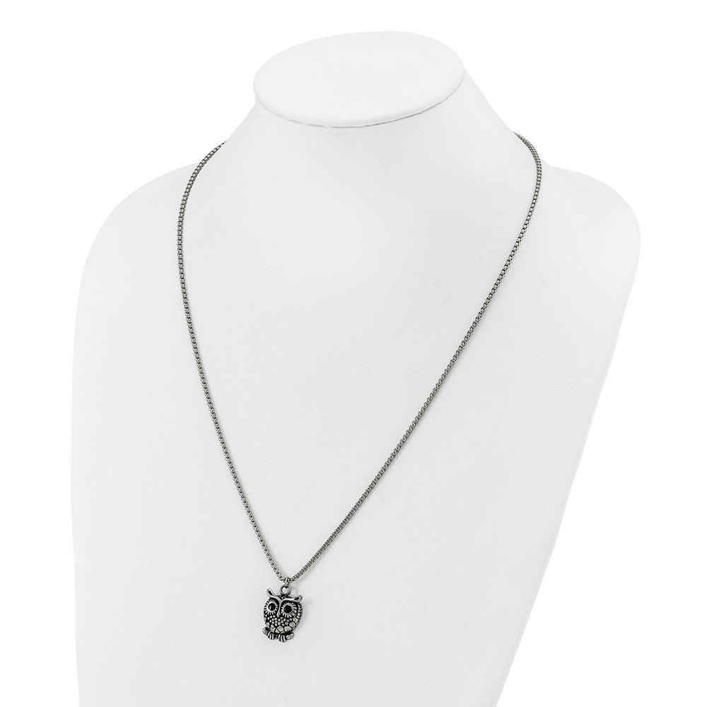 Chisel Stainless Steel Polished Black Enameled Owl Pendant on a 24 inch Box Chain Necklace