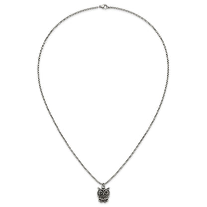 Chisel Stainless Steel Polished Black Enameled Owl Pendant on a 24 inch Box Chain Necklace
