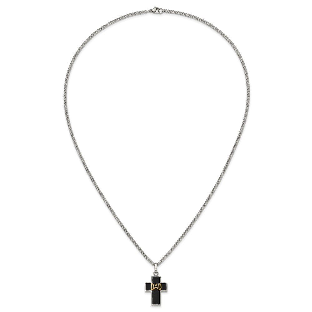 Chisel Stainless Steel Polished with 14K Gold Accent DAD with Black Enamel Cross Pendant on a 24 inch Curb Chain Necklace