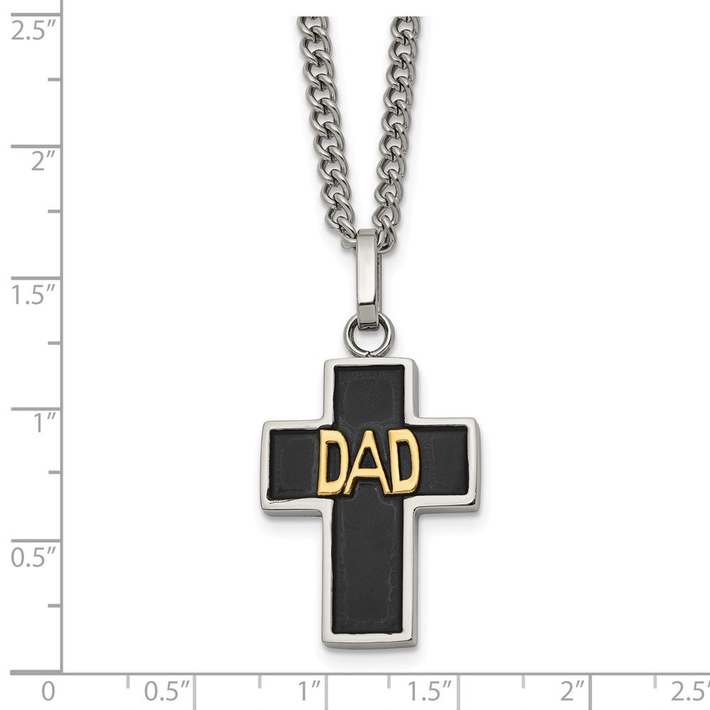 Chisel Stainless Steel Polished with 14K Gold Accent DAD with Black Enamel Cross Pendant on a 24 inch Curb Chain Necklace