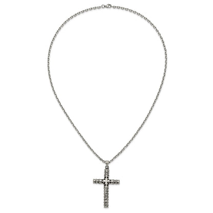 Chisel Stainless Steel Antiqued and Polished Cross with Stars Pendant on a 24 inch Cable Chain Necklace