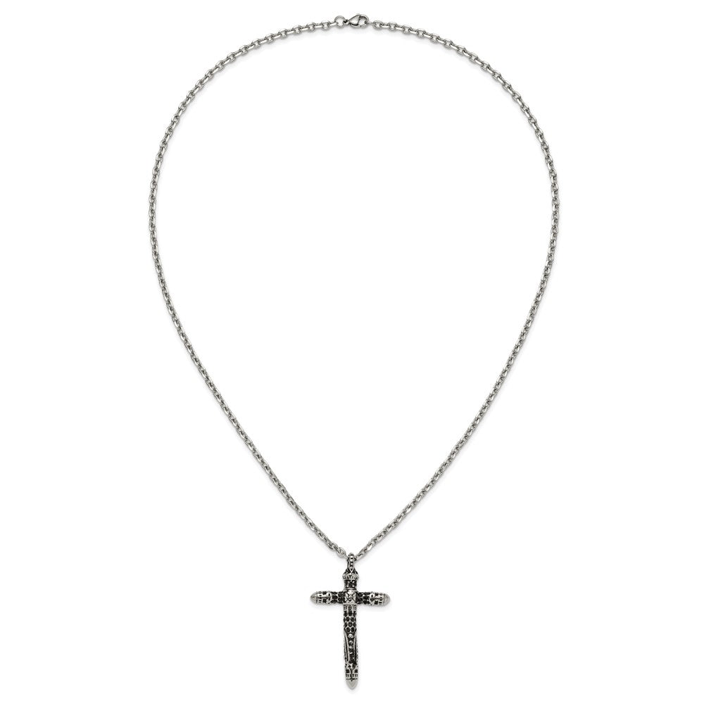 Chisel Stainless Steel Antiqued and Polished with Black Crystal Large Cross Pendant on a 24 inch Cable Chain Necklace