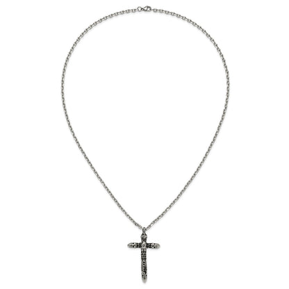Chisel Stainless Steel Antiqued and Polished with Black Crystal Large Cross Pendant on a 24 inch Cable Chain Necklace