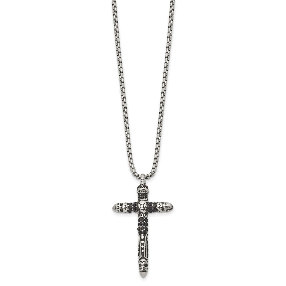 Chisel Stainless Steel Antiqued and Polished with Black Crystal Small Cross Pendant on a 24 inch Box Chain Necklace