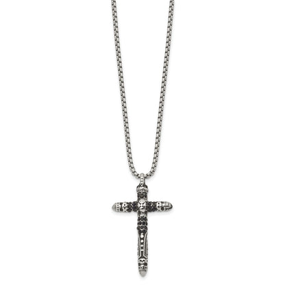Chisel Stainless Steel Antiqued and Polished with Black Crystal Small Cross Pendant on a 24 inch Box Chain Necklace
