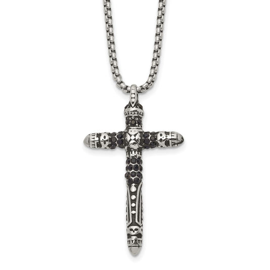 Chisel Stainless Steel Antiqued and Polished with Black Crystal Small Cross Pendant on a 24 inch Box Chain Necklace