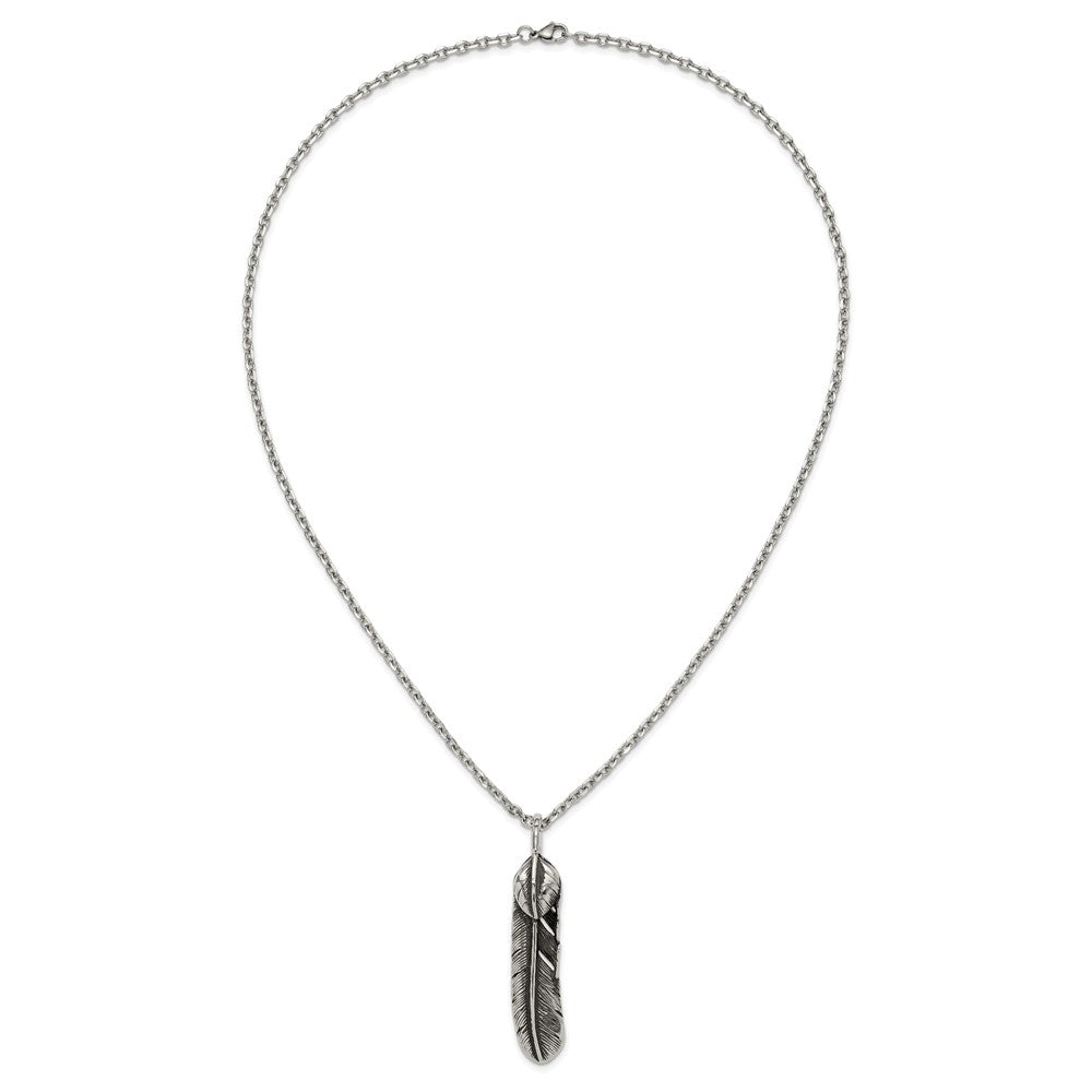 Chisel Stainless Steel Antiqued and Polished Feather Pendant on a 24 inch Cable Chain Necklace