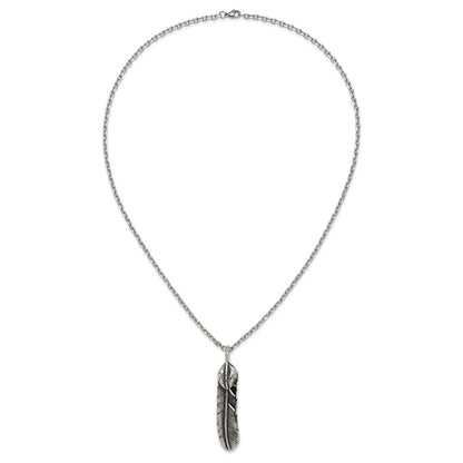 Chisel Stainless Steel Antiqued and Polished Feather Pendant on a 24 inch Cable Chain Necklace