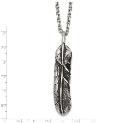 Chisel Stainless Steel Antiqued and Polished Feather Pendant on a 24 inch Cable Chain Necklace