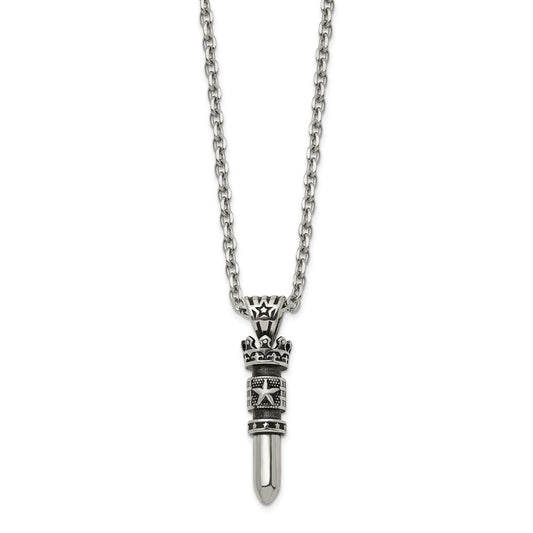 Chisel Stainless Steel Antiqued and Polished Bullet with Crown Pendant on a 24 inch Cable Chain Necklace