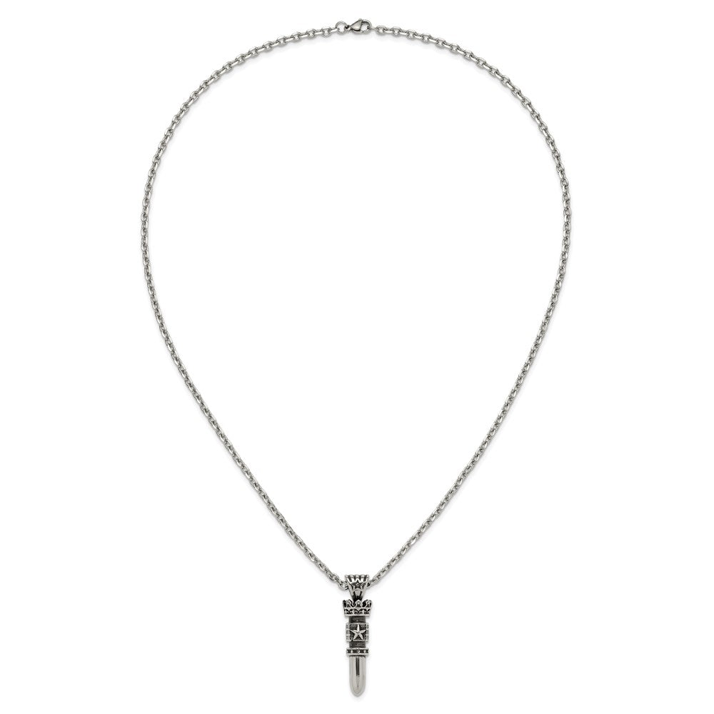 Chisel Stainless Steel Antiqued and Polished Bullet with Crown Pendant on a 24 inch Cable Chain Necklace