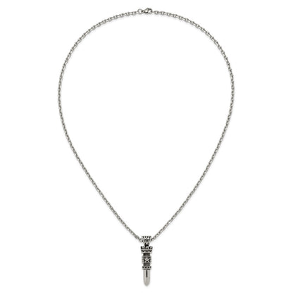 Chisel Stainless Steel Antiqued and Polished Bullet with Crown Pendant on a 24 inch Cable Chain Necklace